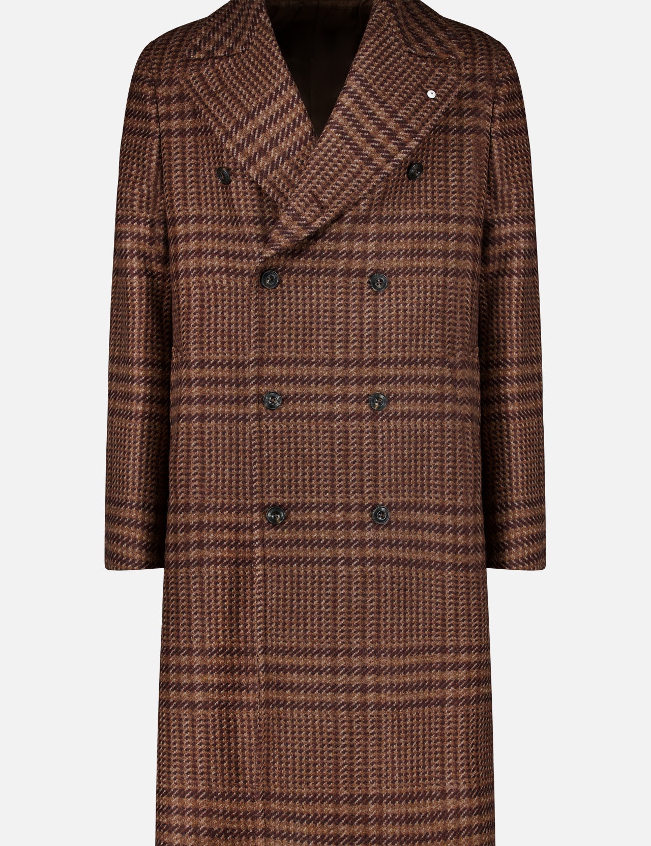 The Glen Plaid Long Coat by L.B.M. features a brown double-breasted wool blend design with black buttons, wide lapels, and two side pockets, showcased against a white background.
