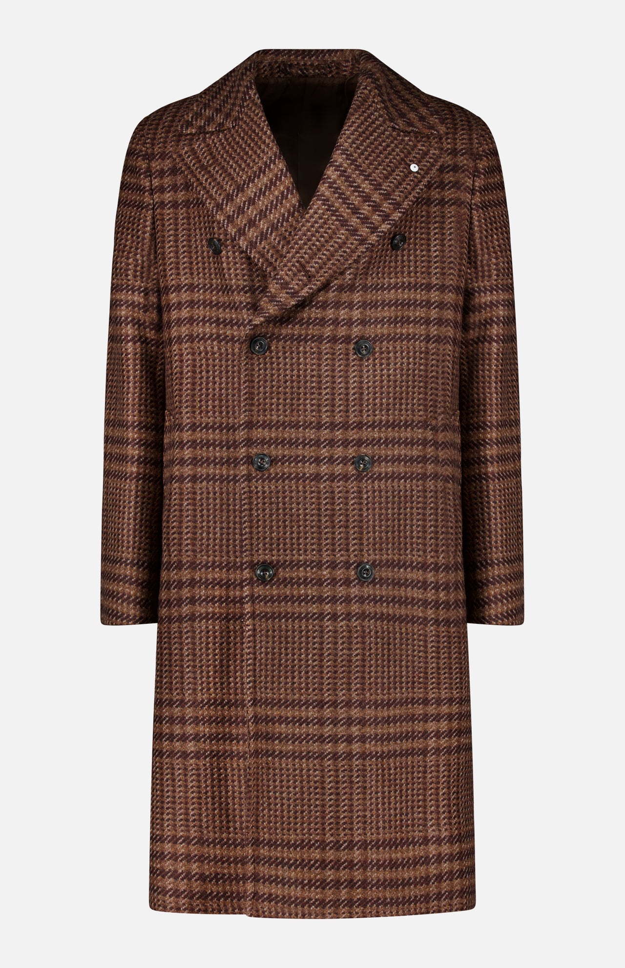 The Glen Plaid Long Coat by L.B.M. features a brown double-breasted wool blend design with black buttons, wide lapels, and two side pockets, showcased against a white background.