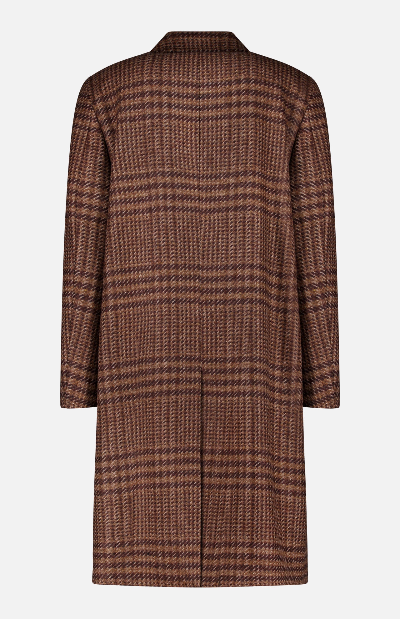 The Glen Plaid Long Coat by L.B.M. is shown from the back, displaying its subtle checked pattern and straight sleeves against a plain white background.