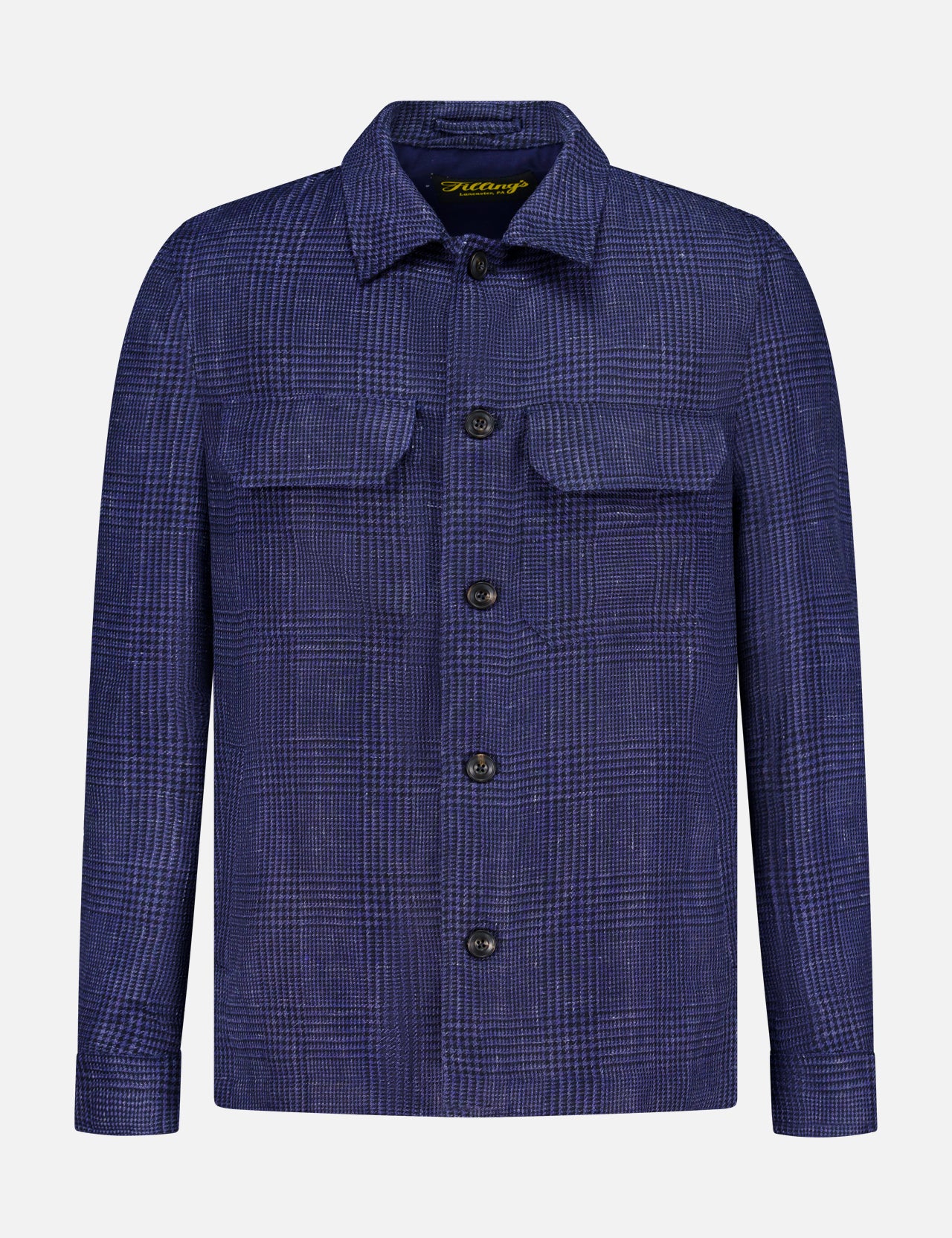 The L.B.M. Glen Plaid Overshirt is a long-sleeve, button-up shirt crafted from a linen-wool blend, featuring a blue checkered pattern, two chest pockets, and a classic collar, shown against a plain white background.