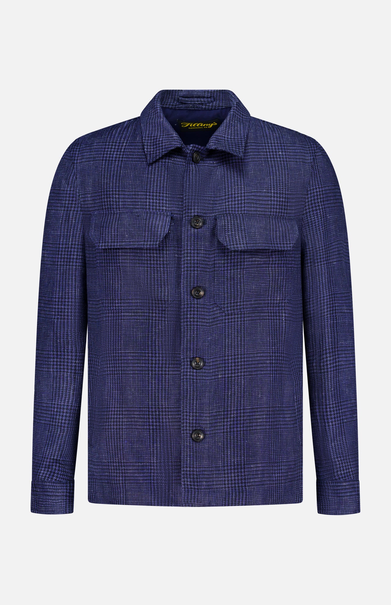 The L.B.M. Glen Plaid Overshirt is a long-sleeve, button-up shirt crafted from a linen-wool blend, featuring a blue checkered pattern, two chest pockets, and a classic collar, shown against a plain white background.