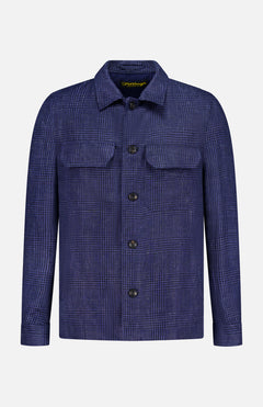 The L.B.M. Glen Plaid Overshirt is a long-sleeve, button-up shirt crafted from a linen-wool blend, featuring a blue checkered pattern, two chest pockets, and a classic collar, shown against a plain white background.