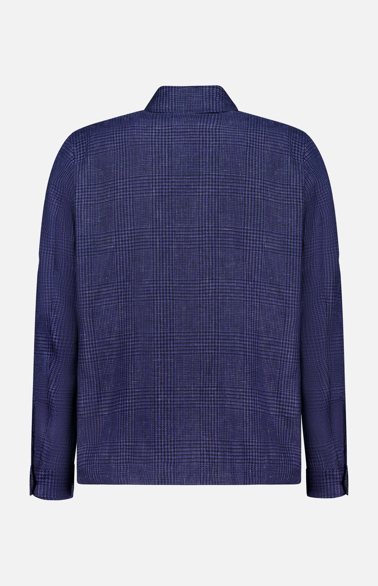 Back view of the Glen Plaid Overshirt by L.B.M., featuring a navy plaid pattern with a collar, long sleeves, and buttoned cuffs, displayed against a plain white background.