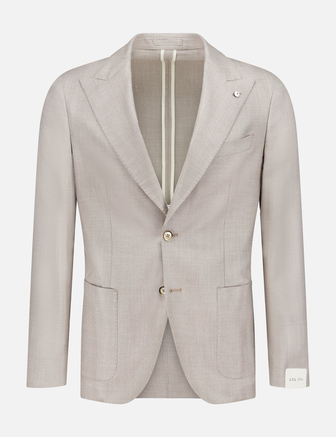 The L.B.M. Herringbone Untreated Sportcoat is a light beige men's blazer, crafted in Italy from a wool-silk-linen blend with notched lapels, two buttons, patch pockets, and a white label on the left cuff, shown on a plain white background.