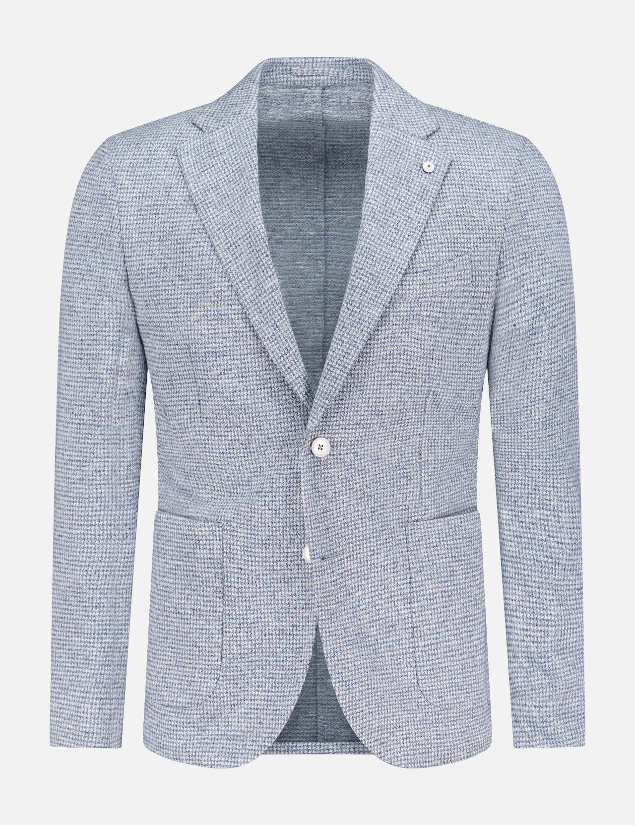 The L.B.M. Houndstooth Jersey Sportcoat is made in Italy with a linen-cotton blend, featuring notch lapels, two front buttons, and three patch pockets, shown on a plain white background.