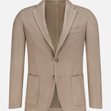 L.B.M. Solid 2 Button Sportcoat in tan beige wool-cashmere, featuring a notched lapel, two front patch pockets, and a chest pocket; expertly crafted in Italy and presented on a white background.
