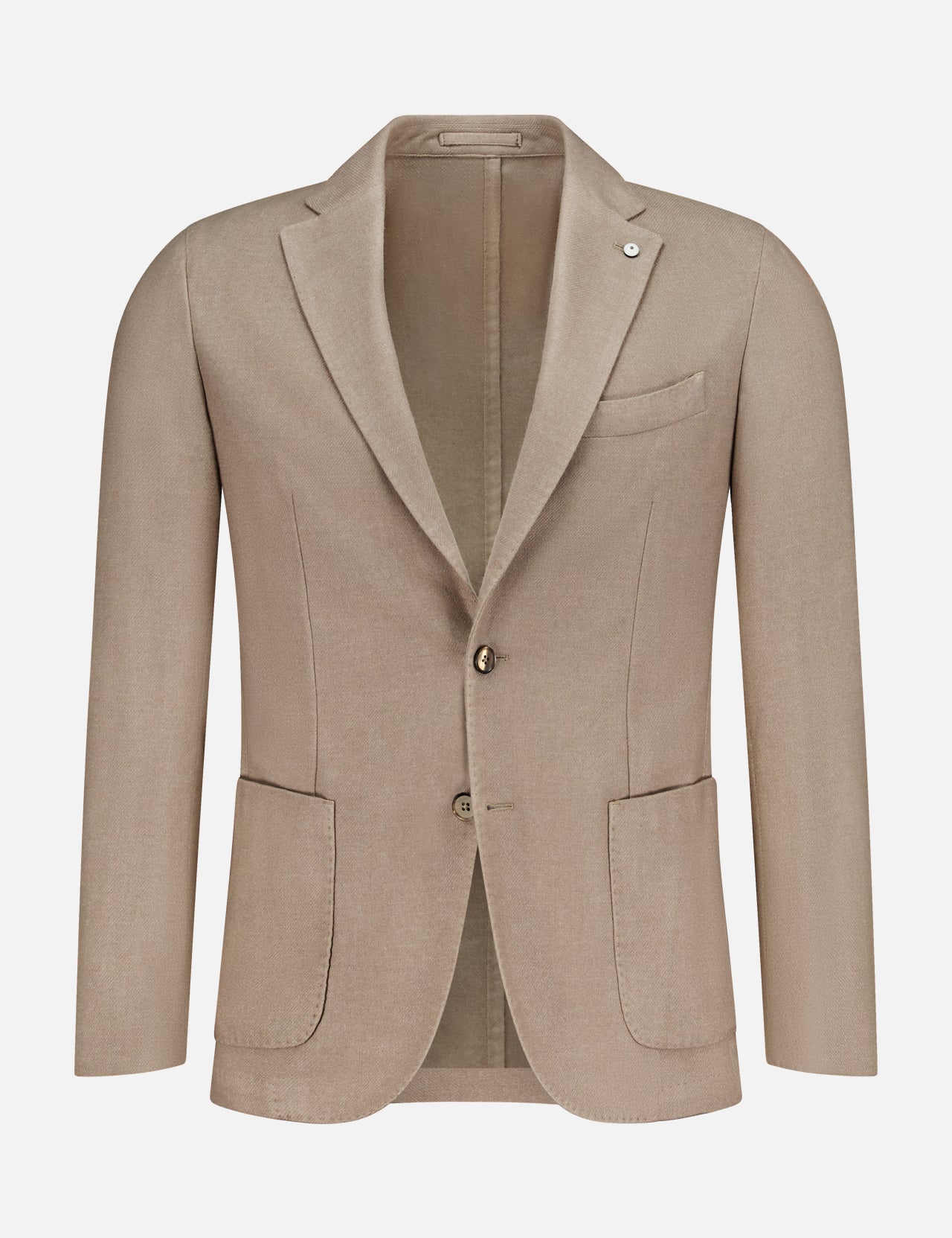 L.B.M. Solid 2 Button Sportcoat in tan beige wool-cashmere, featuring a notched lapel, two front patch pockets, and a chest pocket; expertly crafted in Italy and presented on a white background.