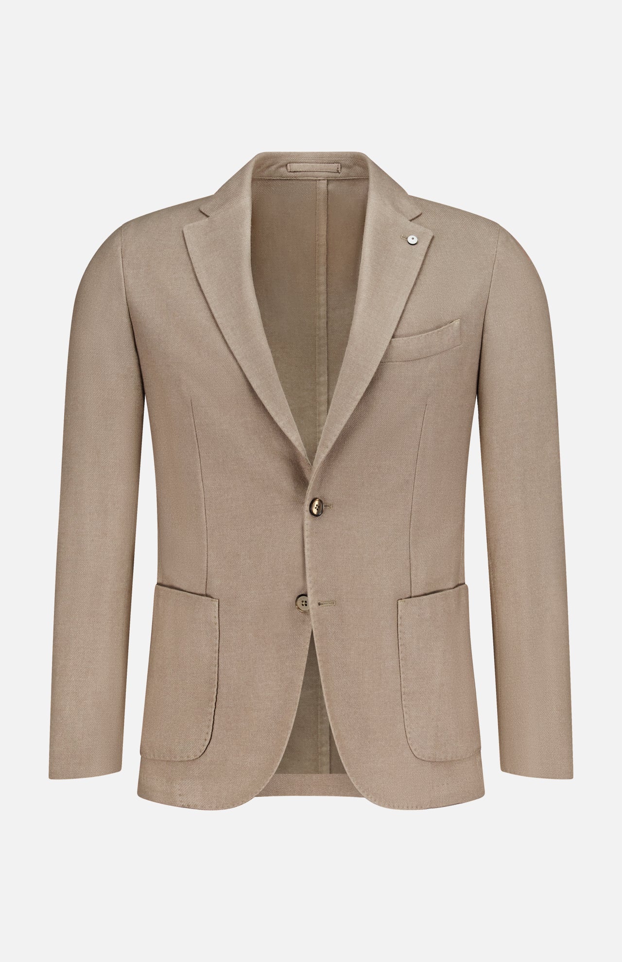 L.B.M. Solid 2 Button Sportcoat in tan beige wool-cashmere, featuring a notched lapel, two front patch pockets, and a chest pocket; expertly crafted in Italy and presented on a white background.