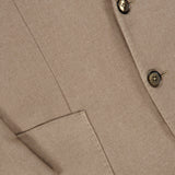 Close-up of the L.B.M. Solid 2 Button Sportcoat in beige, expertly crafted from wool and cashmere in Italy. The image highlights part of the lapel, two buttons, a pocket, and the sleeve with visible stitching and detailed fabric texture.
