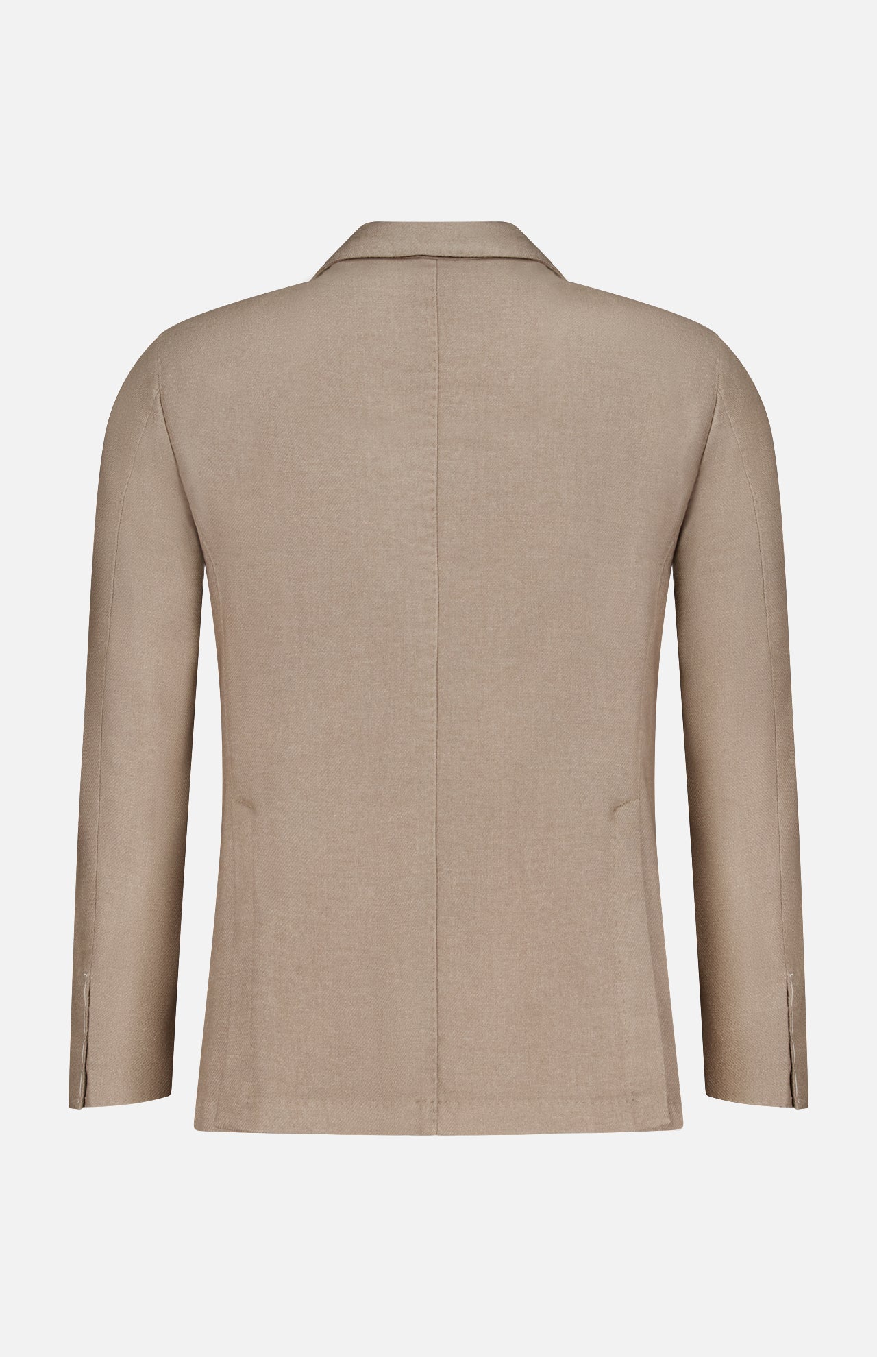 The L.B.M. Solid 2 Button Sportcoat, crafted in Italy, is displayed from the back in a beige wool cashmere blend. It features long sleeves, a straight hemline, a central back seam, and a classic collar. The smooth fabric is unadorned for an elegant finish.