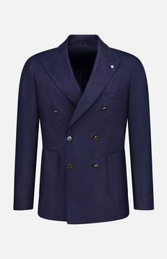 The L.B.M. Solid Untreated Double Breasted Sportcoat, made in Italy, showcases peak lapels, dark buttons, and two large front pockets. It's presented on a plain white background.