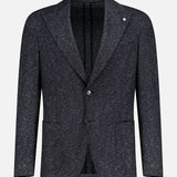 The L.B.M. Speck 2 Button Sportcoat is a dark gray textured men’s blazer with two buttons, notched lapels, and two front pockets, displayed on a plain white background—expertly crafted in Italy for elevated style and craftsmanship.