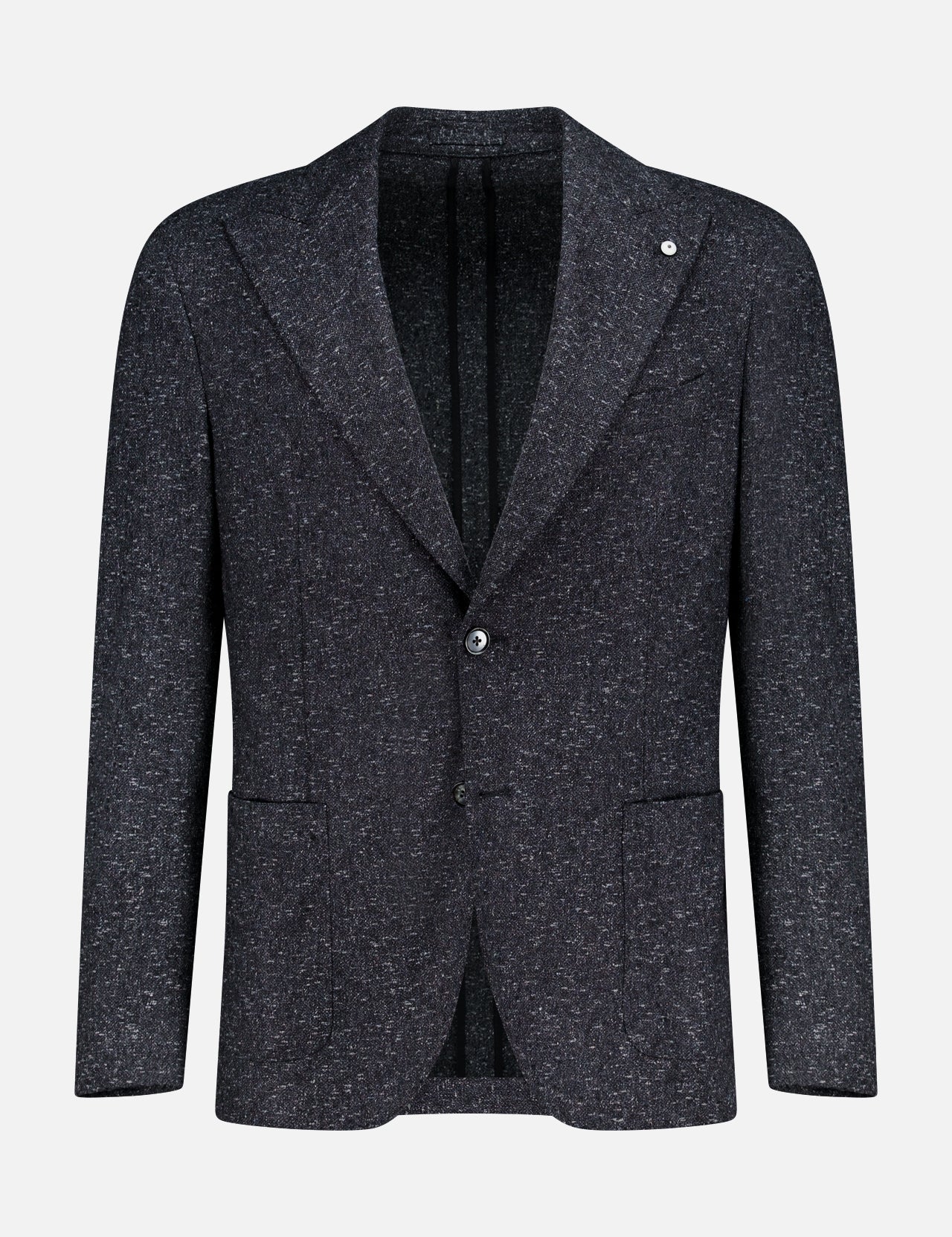 The L.B.M. Speck 2 Button Sportcoat is a dark gray textured men’s blazer with two buttons, notched lapels, and two front pockets, displayed on a plain white background—expertly crafted in Italy for elevated style and craftsmanship.
