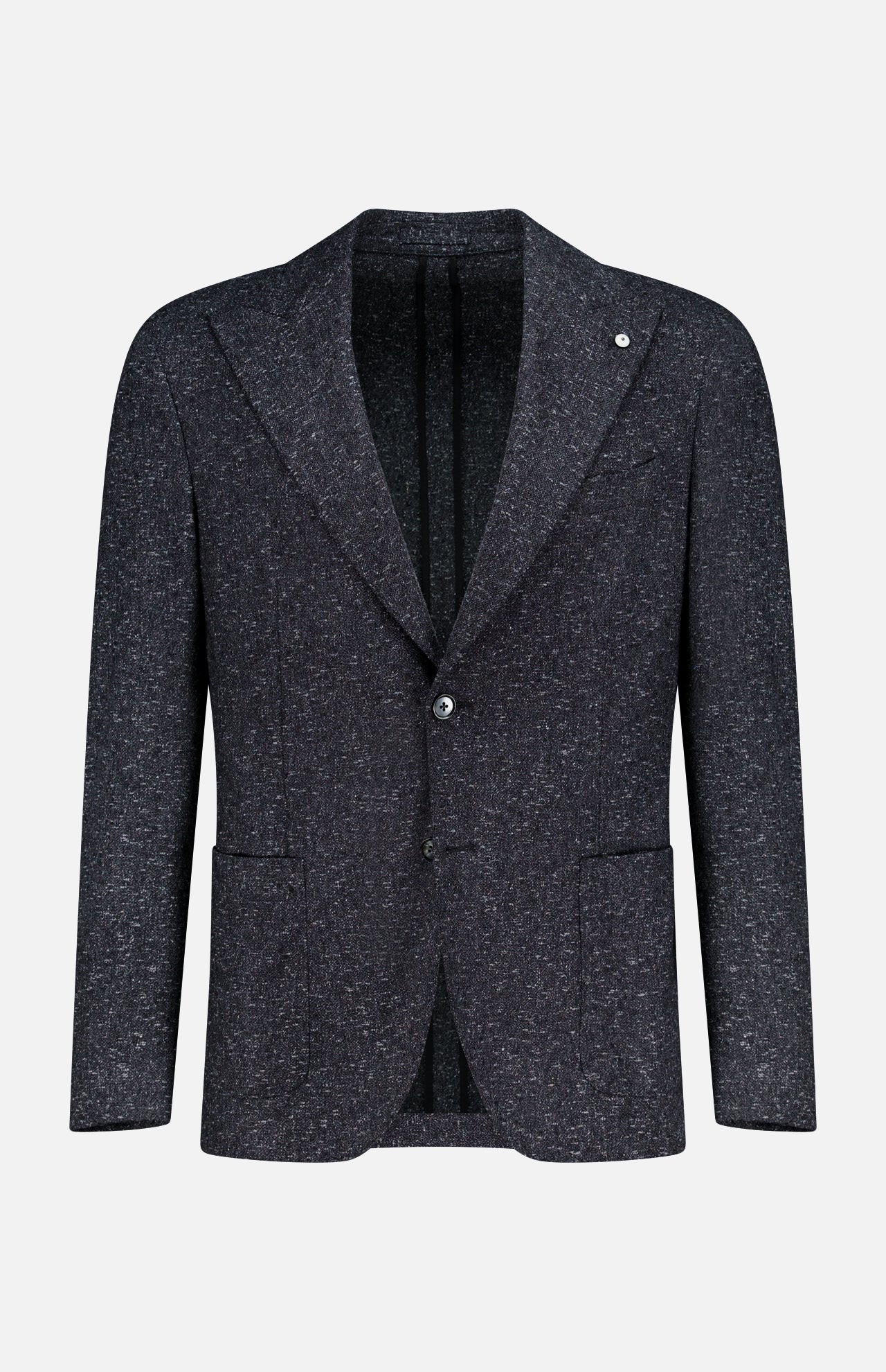 The L.B.M. Speck 2 Button Sportcoat is a dark gray textured men’s blazer with two buttons, notched lapels, and two front pockets, displayed on a plain white background—expertly crafted in Italy for elevated style and craftsmanship.