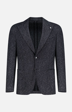 The L.B.M. Speck 2 Button Sportcoat is a dark gray textured men’s blazer with two buttons, notched lapels, and two front pockets, displayed on a plain white background—expertly crafted in Italy for elevated style and craftsmanship.