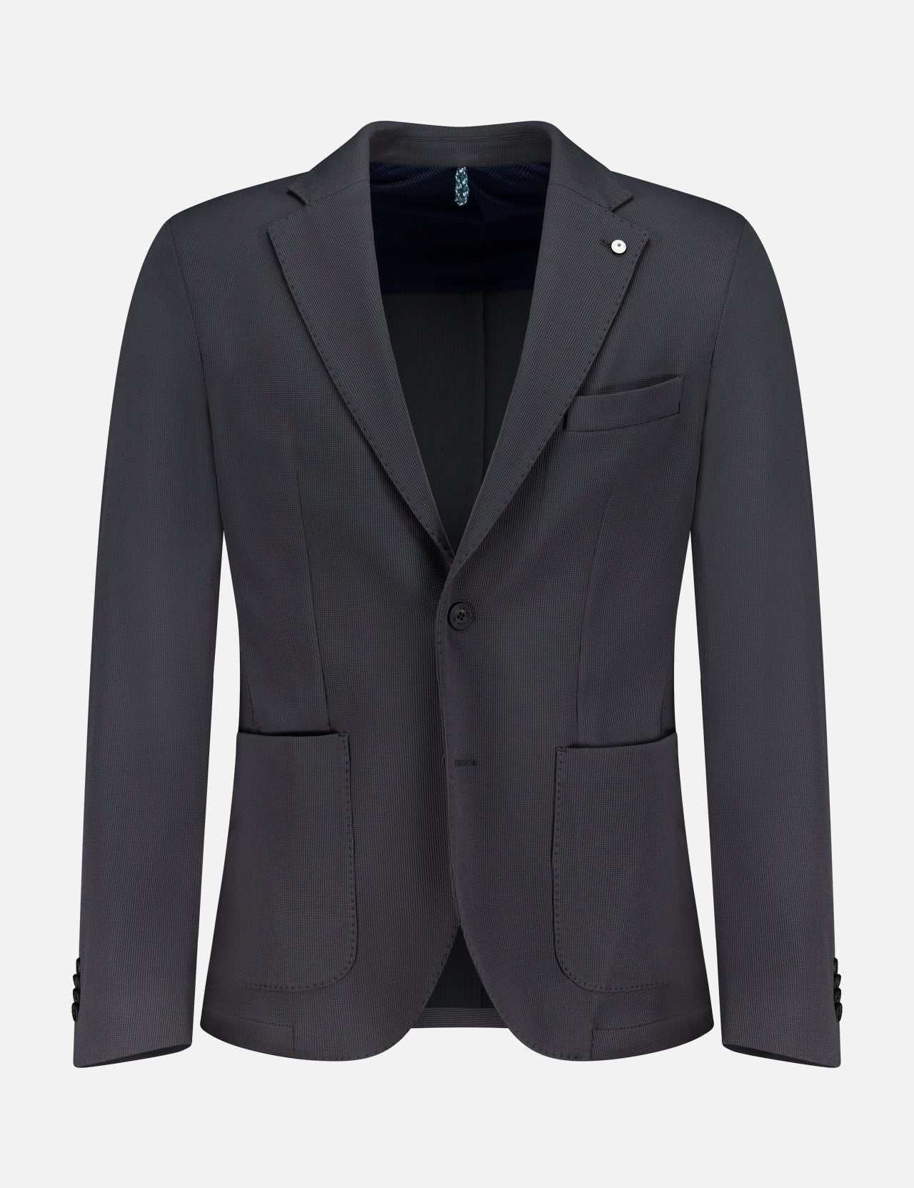 The L.B.M. Travel Uniform Water-repellent Sportcoat is a dark gray men's jacket featuring a notch lapel, two-button closure, and three front pockets, shown against a plain white background.