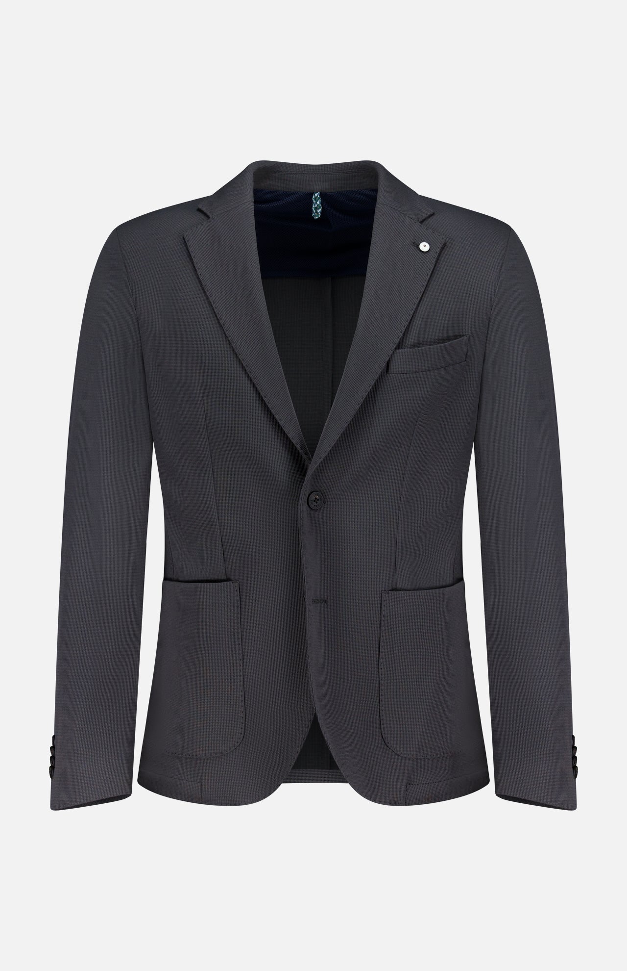 The L.B.M. Travel Uniform Water-repellent Sportcoat is a dark gray men's jacket featuring a notch lapel, two-button closure, and three front pockets, shown against a plain white background.