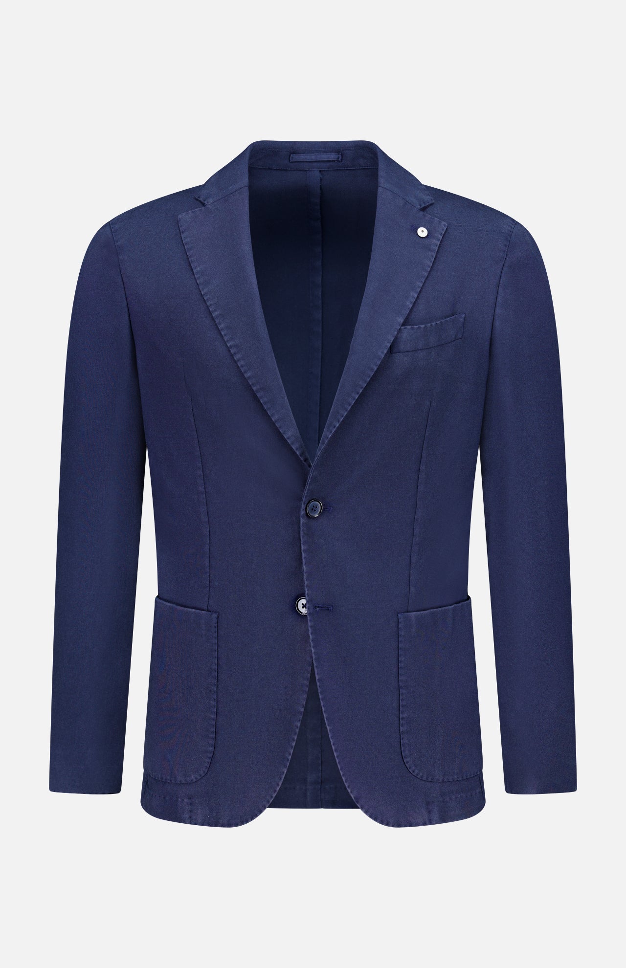 The L.B.M. Wool Garment Dyed Sportcoat is a classic, single-breasted Italian design in navy virgin wool with notched lapels, two buttons, a chest pocket, and two front patch pockets, shown on a plain white background.