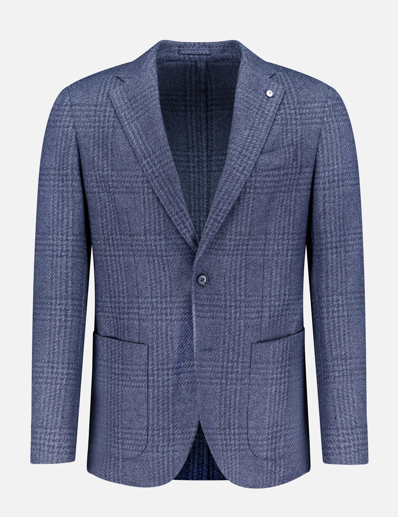 The L.B.M. Plaid Wool Garment Dyed Sportcoat for men features a light blue plaid pattern, notch lapels, two front buttons, and large patch pockets, shown on a plain white background.