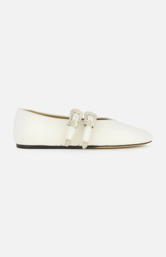 The Classic Claudia Suede Flats by LE MONDE BERYL are white, pointed-toe shoes with two thin top straps secured by silver buckles and a black sole.