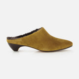 Allegra Suede Mule in taupe suede with a low kitten heel and shearling lining.