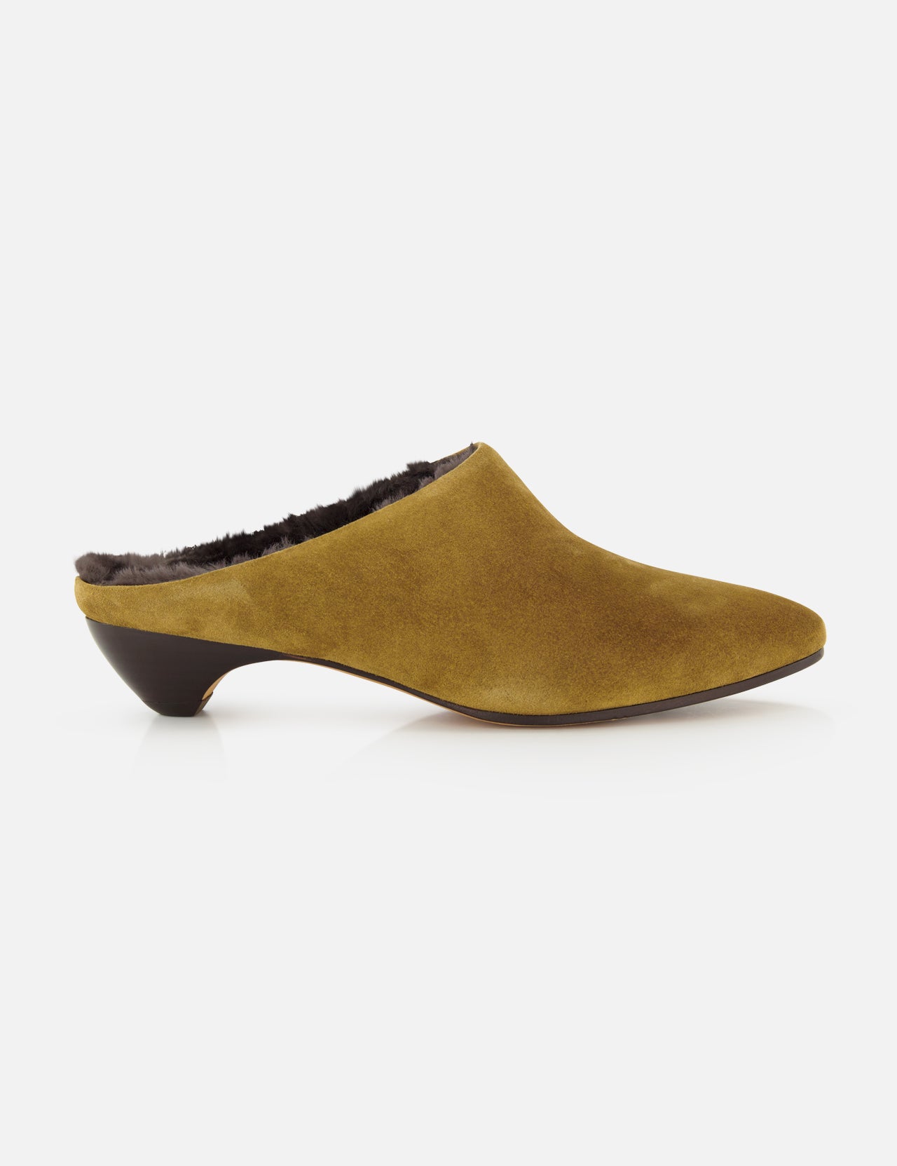 Allegra Suede Mule in taupe suede with a low kitten heel and shearling lining.