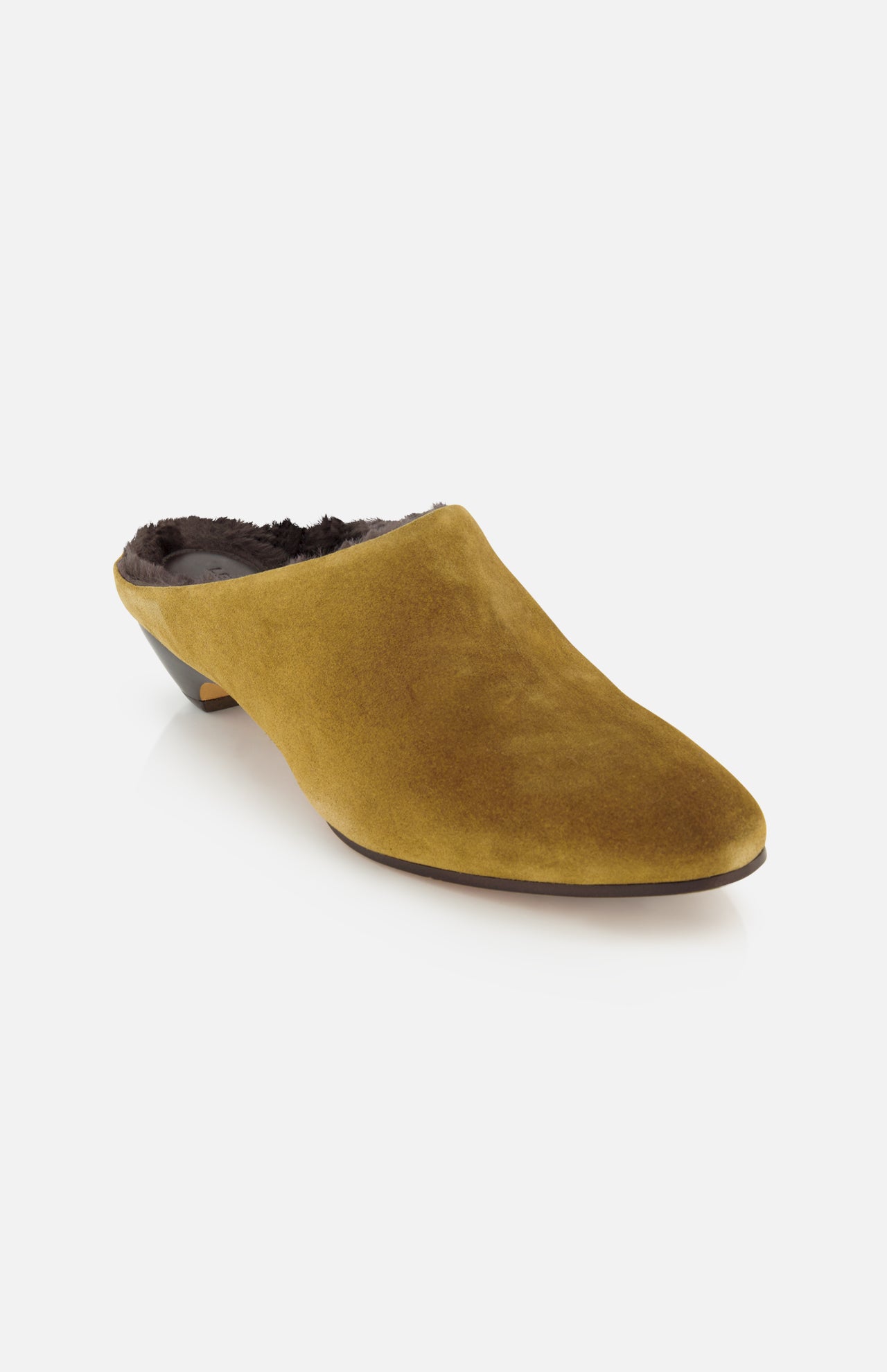 Allegra Suede Mule by Le Monde Béryl in olive green suede with a low heel and dark shearling lining.