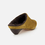 Le Monde Béryl Allegra Suede Mule in taupe with a dark brown shearling lining and a small, kitten-style heel.
