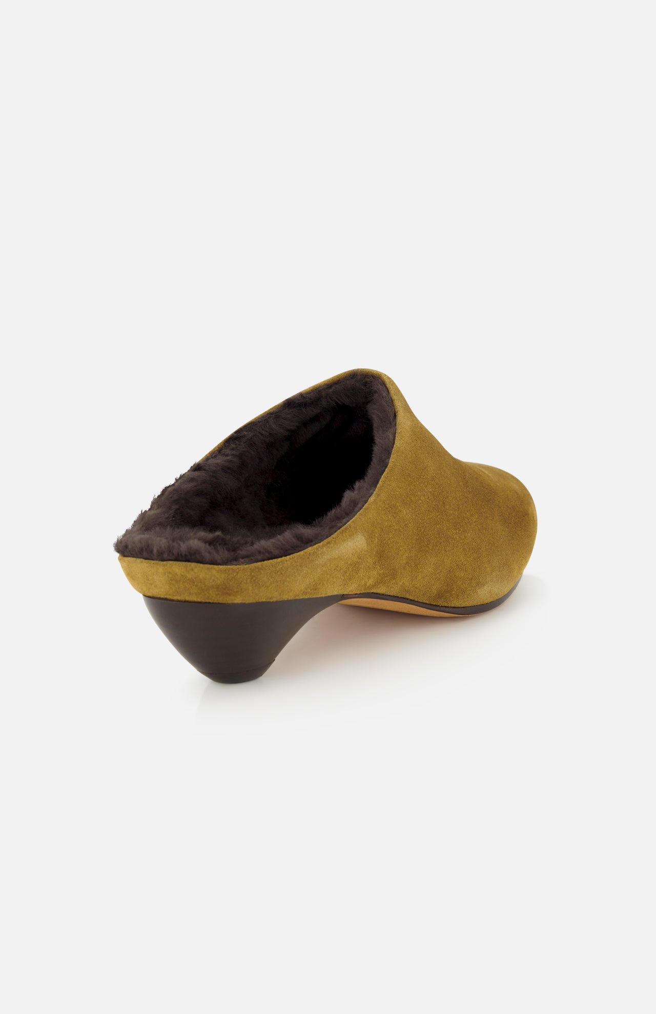Le Monde Béryl Allegra Suede Mule in taupe with a dark brown shearling lining and a small, kitten-style heel.