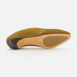 Taupe suede Allegra Suede Mule viewed from below, showing the heel and leather sole.