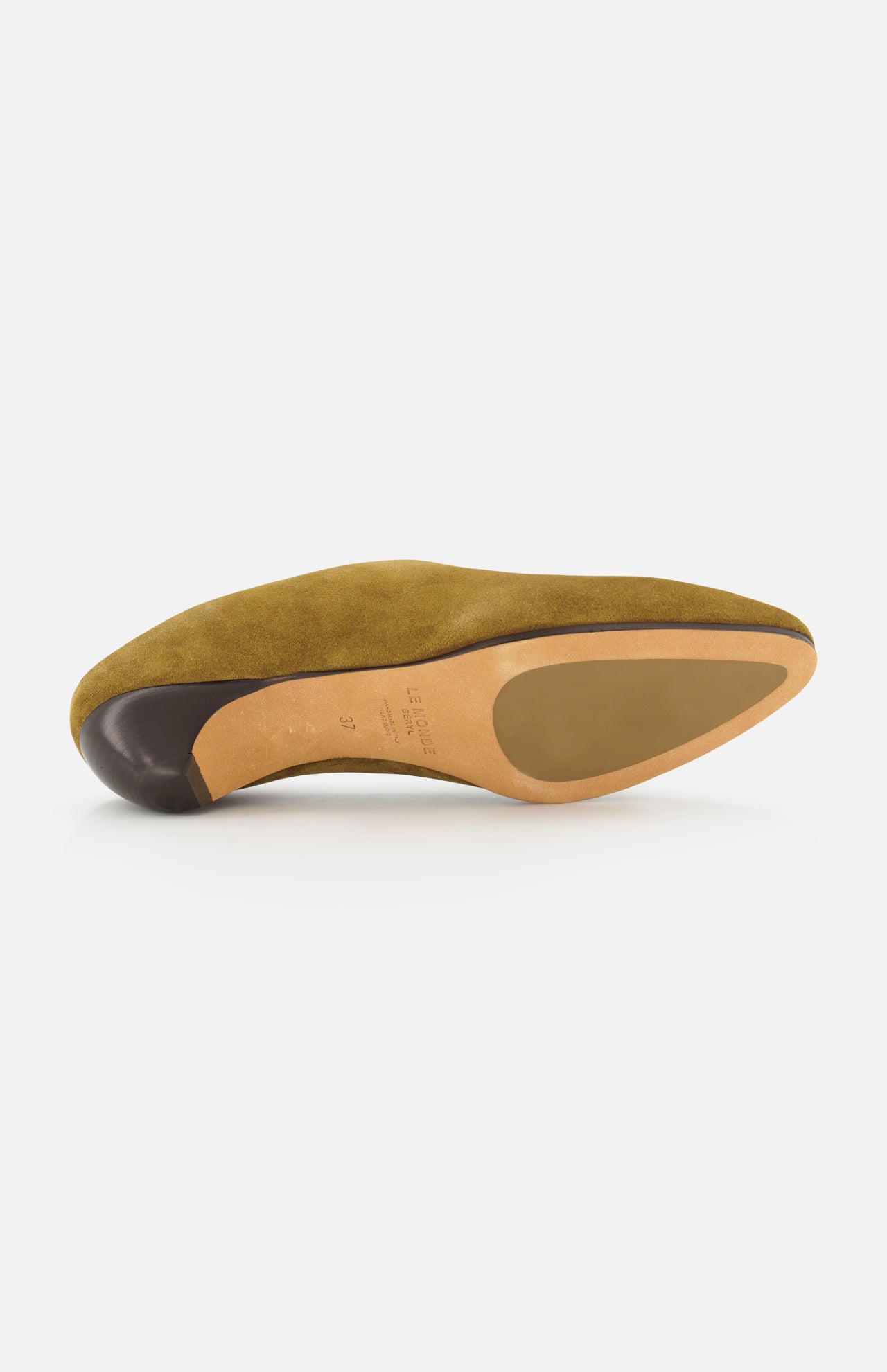 Taupe suede Allegra Suede Mule viewed from below, showing the heel and leather sole.