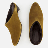 Allegra Suede Mule in taupe suede with low heels and dark shearling lining.