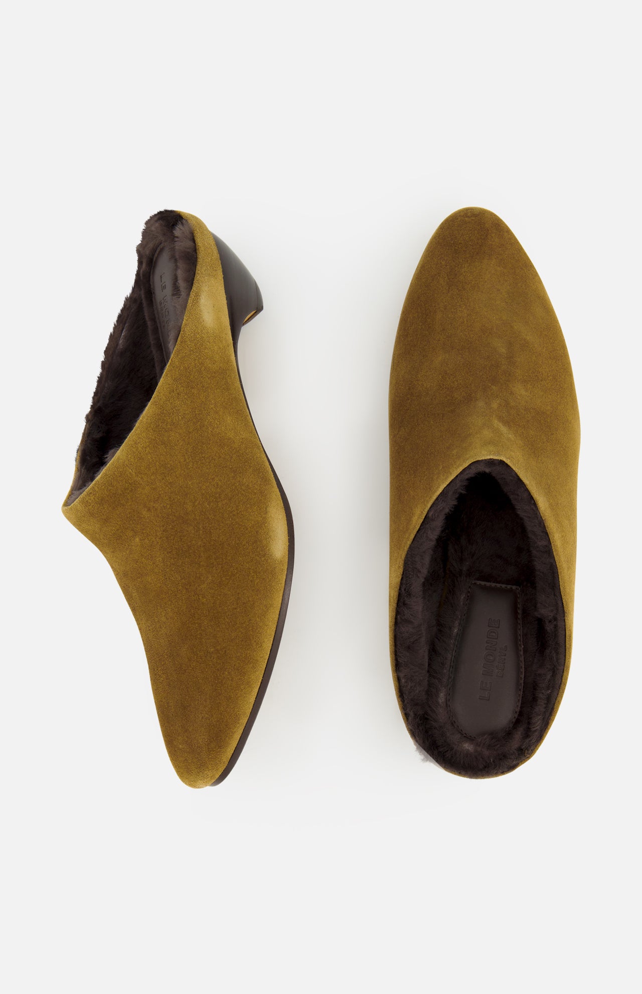 Allegra Suede Mule in taupe suede with low heels and dark shearling lining.