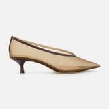 The Babouche Mesh Kitten Heel by LE MONDE BERYL is shown in profile—a beige mesh shoe with a pointed toe, low slim kitten heel, and dark brown trim—set against a plain white background.