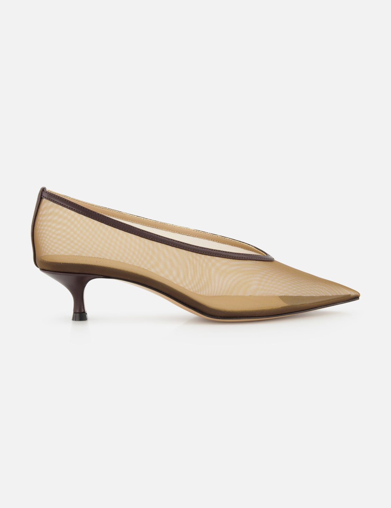 The Babouche Mesh Kitten Heel by LE MONDE BERYL is shown in profile—a beige mesh shoe with a pointed toe, low slim kitten heel, and dark brown trim—set against a plain white background.