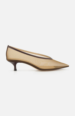 The Babouche Mesh Kitten Heel by LE MONDE BERYL is shown in profile—a beige mesh shoe with a pointed toe, low slim kitten heel, and dark brown trim—set against a plain white background.