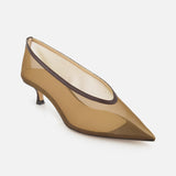The Babouche Mesh Kitten Heel by LE MONDE BERYL is a women's pointed-toe shoe crafted from sheer light brown mesh with a mesh heel and dark brown trim, shown against a white background.