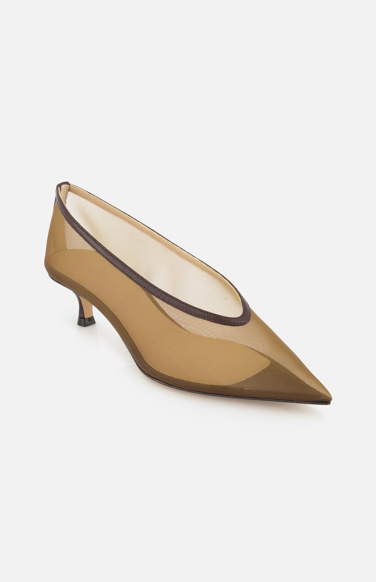 The Babouche Mesh Kitten Heel by LE MONDE BERYL is a women's pointed-toe shoe crafted from sheer light brown mesh with a mesh heel and dark brown trim, shown against a white background.