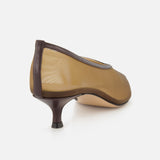 A close-up rear view of LE MONDE BERYL’s Babouche Mesh Kitten Heel showcases its sheer beige mesh upper, brown trim, pointed toe, and short dark brown kitten heel on a plain white background.