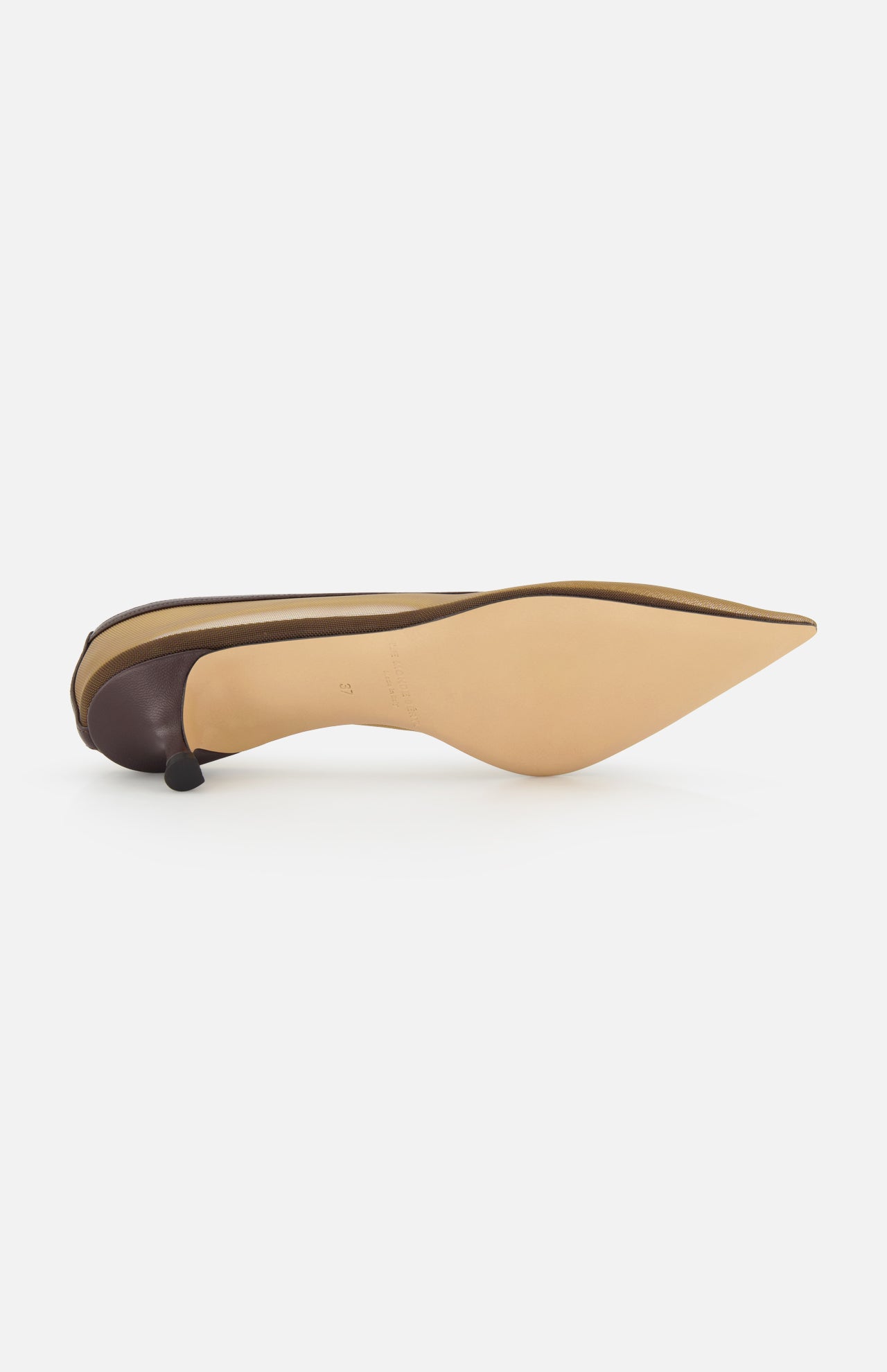 The LE MONDE BERYL Babouche Mesh Kitten Heel is displayed on its side, tan sole facing up, showing its pointed toe, dark mesh upper, and slim curved kitten heel.