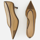 Two Babouche Mesh Kitten Heel shoes by LE MONDE BERYL are displayed on a white background—one seen from the side, the other from above. Both feature a brown mesh design and pointed toes.