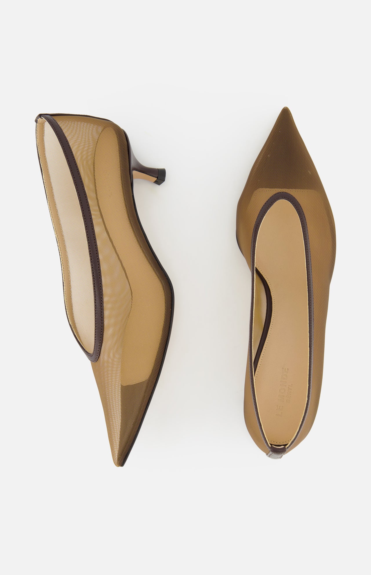 Two Babouche Mesh Kitten Heel shoes by LE MONDE BERYL are displayed on a white background—one seen from the side, the other from above. Both feature a brown mesh design and pointed toes.