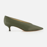Olive green leather Babouche Kitten Heel featuring a pointed toe and a deep V-cut vamp.