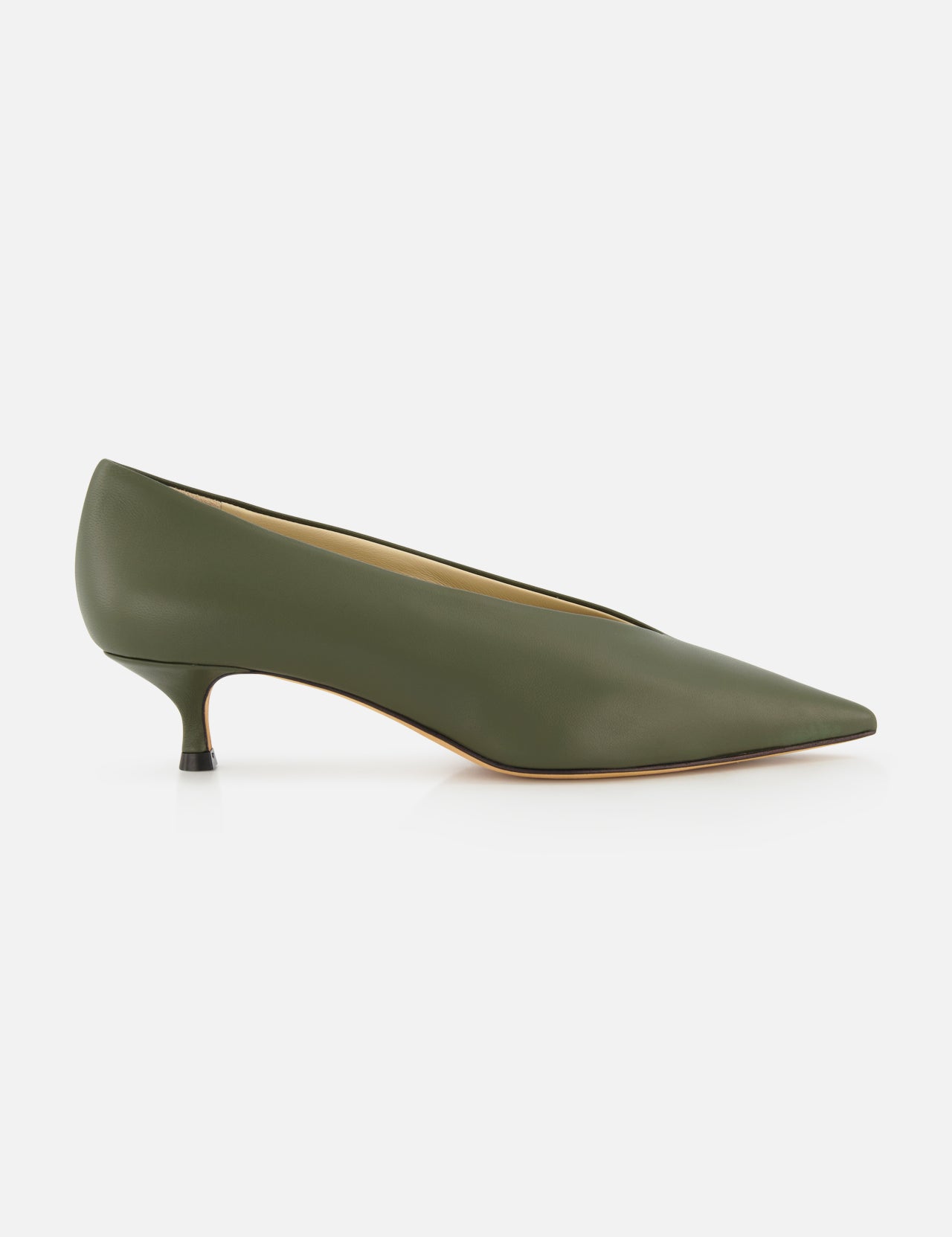 Olive green leather Babouche Kitten Heel featuring a pointed toe and a deep V-cut vamp.