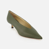 Olive green leather Babouche Kitten Heel featuring a pointed toe and deep V-shaped vamp.