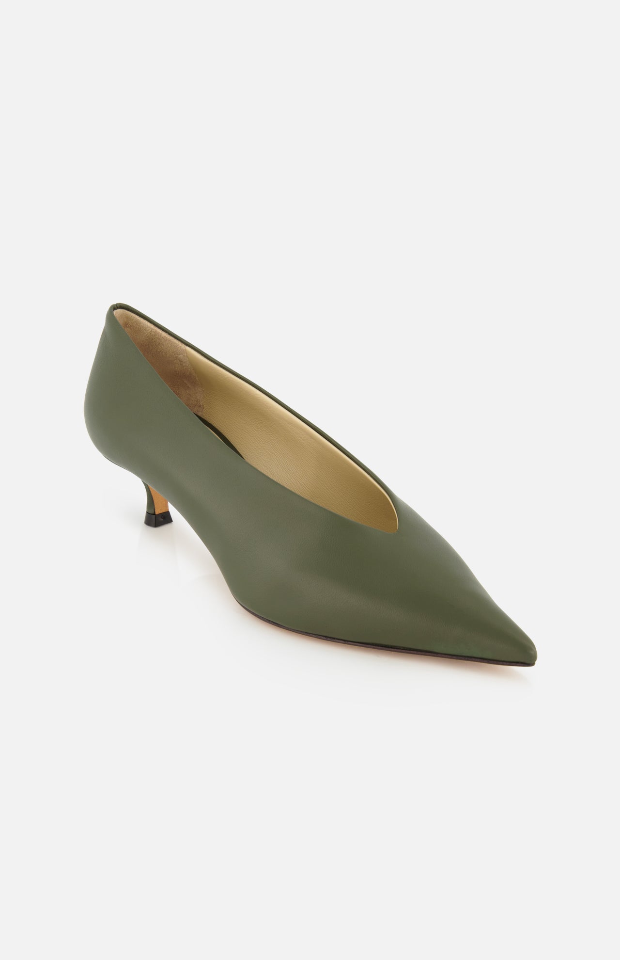 Olive green leather Babouche Kitten Heel featuring a pointed toe and deep V-shaped vamp.