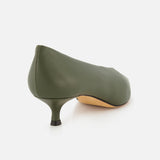 Olive green leather Babouche Kitten Heel pointed-toe pump viewed from the side and back.