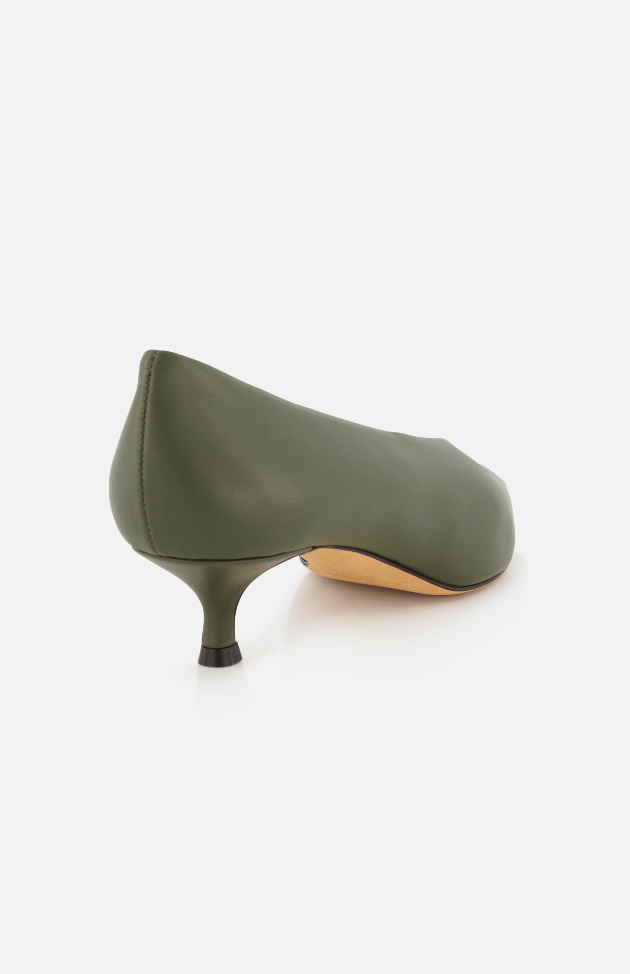 Olive green leather Babouche Kitten Heel pointed-toe pump viewed from the side and back.