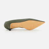 Olive green Babouche Kitten Heel with a pointed toe, shown from the sole.