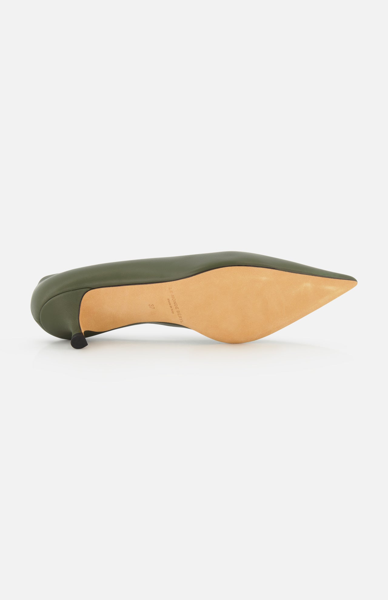 Olive green Babouche Kitten Heel with a pointed toe, shown from the sole.